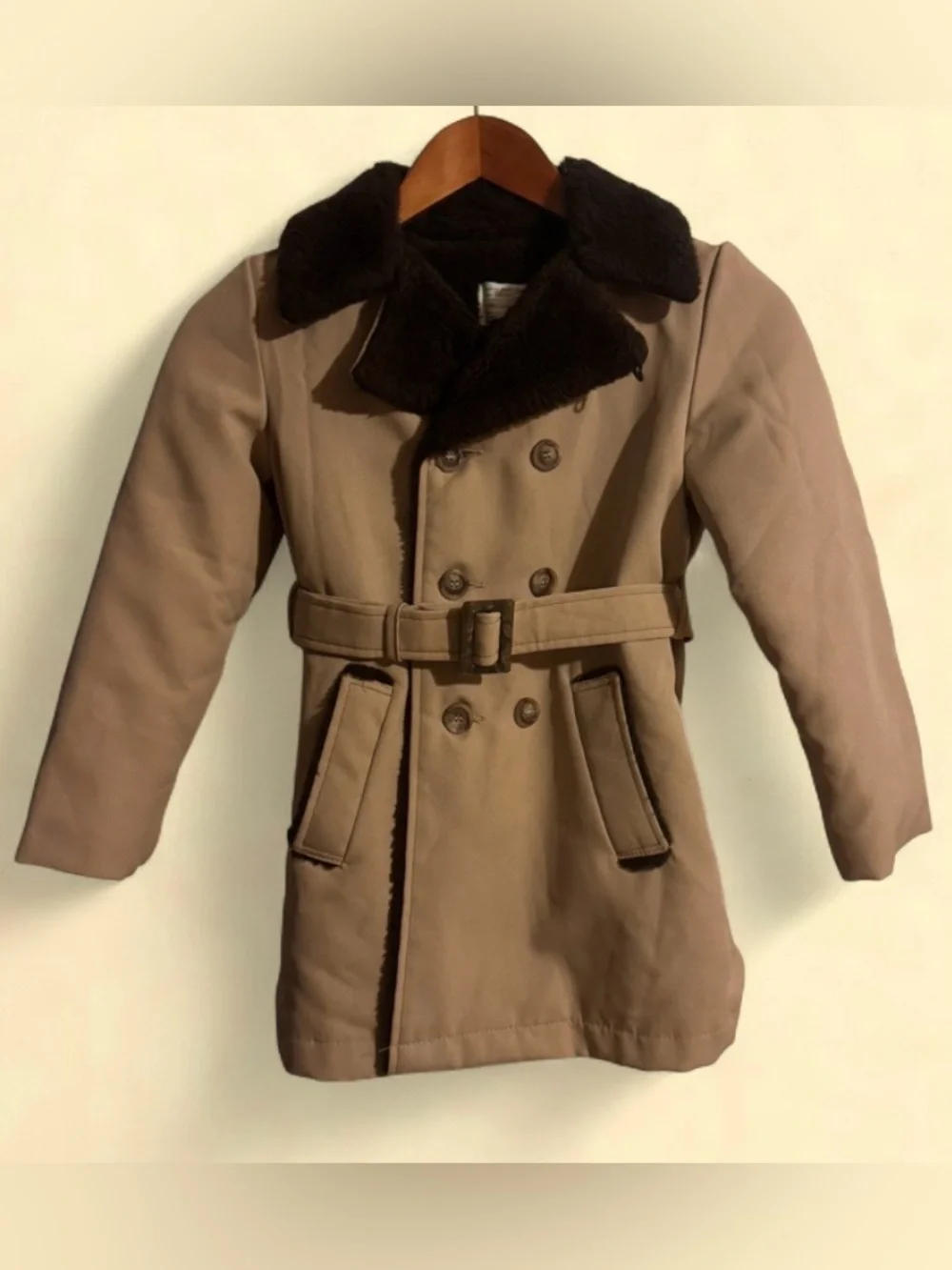 Vintage 1970s Sears Kids Storm Coat Belted Trench Faux Fur Collar Size 7